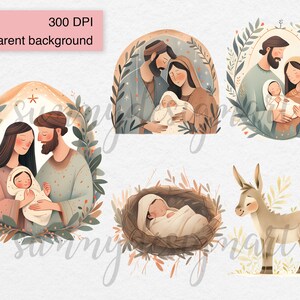 Puede incluir: Un conjunto de cuatro ilustraciones digitales que representan una escena de la Natividad. Las ilustraciones representan a Mar&iacute;a, Jos&eacute; y el ni&ntilde;o Jes&uacute;s, un burro y un pesebre con el ni&ntilde;o Jes&uacute;s. Las ilustraciones est&aacute;n realizadas en un estilo acuarela con una paleta de colores suaves y apagados.