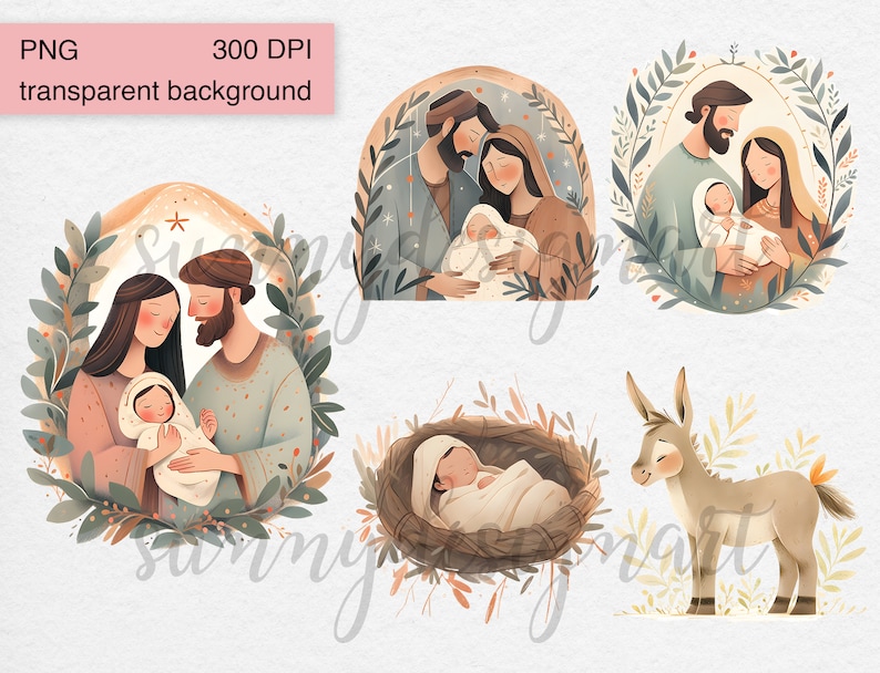 Puede incluir: Un conjunto de cuatro ilustraciones digitales que representan una escena de la Natividad. Las ilustraciones representan a Mar&iacute;a, Jos&eacute; y el ni&ntilde;o Jes&uacute;s, un burro y un pesebre con el ni&ntilde;o Jes&uacute;s. Las ilustraciones est&aacute;n realizadas en un estilo acuarela con una paleta de colores suaves y apagados.