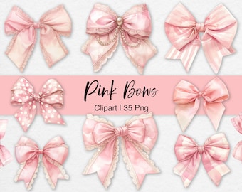 Pink Bows Clipart: Watercolor Ribbon PNG, Coquette Shabby Chic Silk and Lace Bow