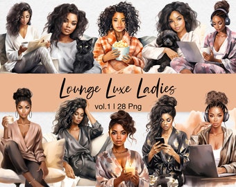 Imágenes prediseñadas de chica negra: ilustraciones de moda de ropa informal (28 PNG)