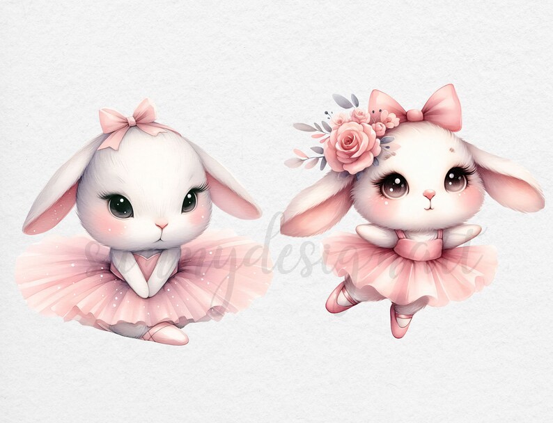 Ballerina Bunny Clipart: Watercolor Dancing Rabbits in Pink Tutu ...