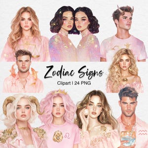 Bundle de cliparts signes du zodiaque, personnages astrologiques masculins et féminins, Art rose horoscope aquarelle, Clipart céleste mode, sublimation PNG