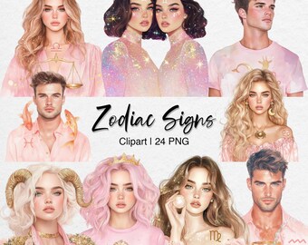 Watercolor Zodiac Signs Clipart: Male & Female Astrology PNG Bundle