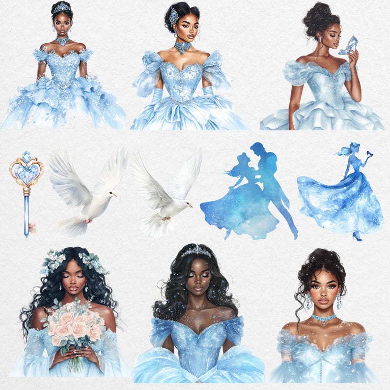 Black Cinderella watercolor clipart bundle, inclusive fairytale princesses in blue dresses, doves, glass slippers, and romantic silhouette illustrations in PNG format.