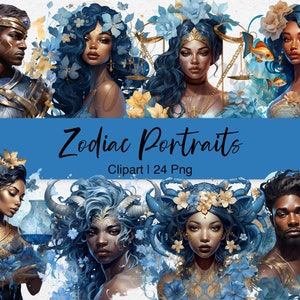 Clipart dello Zodiaco, versione afroamericana, Clipart di ragazze nere, Segno zodiacale acquerello, Clipart di astrologia, Oroscopo PNG, Uso commerciale