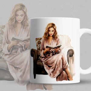 May include: White ceramic mug with a colorful illustration of a woman in a pink robe reading a book while sitting in a chair.
