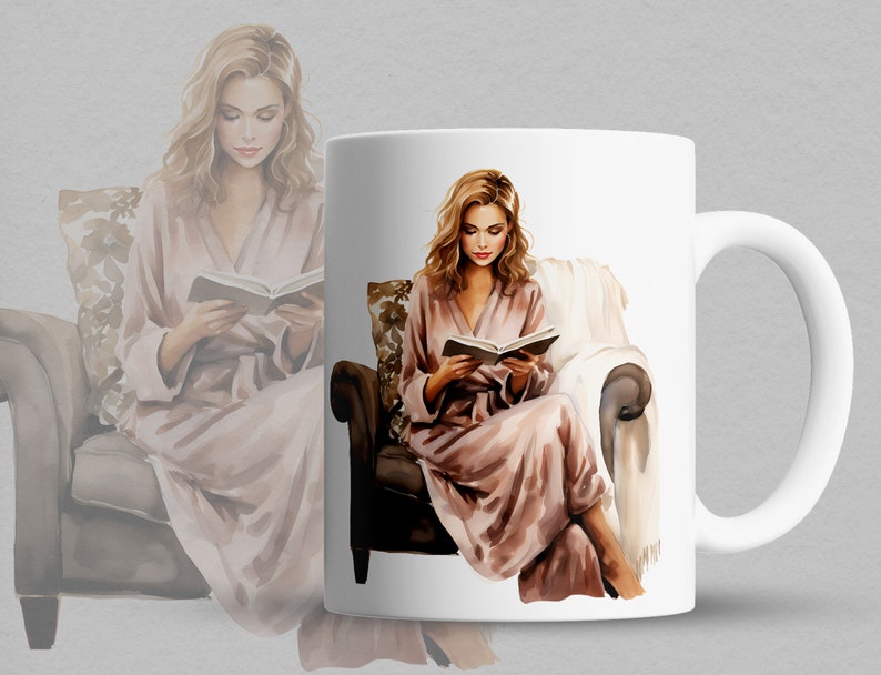 May include: White ceramic mug with a colorful illustration of a woman in a pink robe reading a book while sitting in a chair.