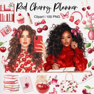 Clipart planificateur cerise rouge, filles esthétiques, autocollants numériques, mode rouge, fille de planner confortable, album, téléchargement numérique, usage commercial