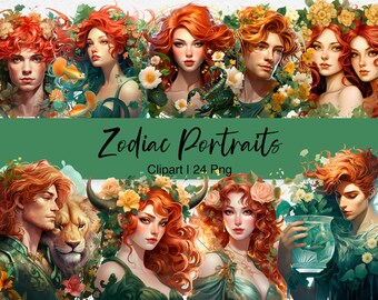 Red Hair Zodiac Clipart: Watercolor Astrology PNG (Commercial Use)