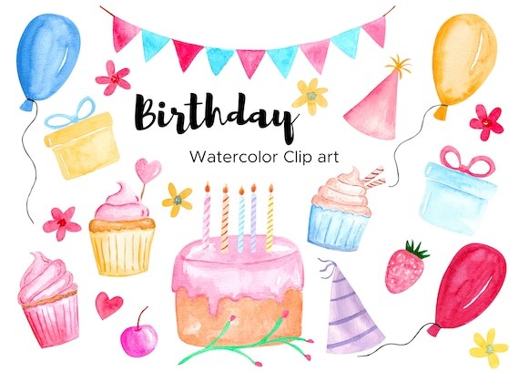 Birthday Clip Art Watercolor Birthday Party Bday Clipart Etsy