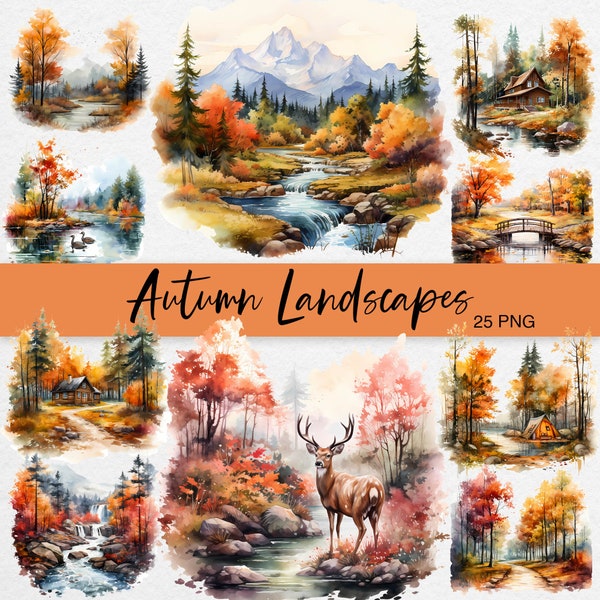 Watercolor Autumn Landscapes Clipart, Fall Landscape PNG, Autumn Scenery, Fall Scene Clipart, Autumn Forest Clip Art, Commercial Use