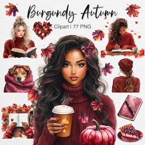 Clipart automne bordeaux, aquarelle automne planificateur fille, journal confortable PNG, graphique cottagecore, amoureux des livres, citrouille d'Halloween, rat de bibliothèque