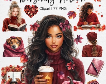 Burgundy Autumn Clipart: Watercolor Fall PNG Stickers for Planners