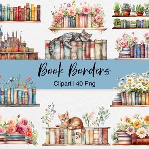 Bücherregal-Ränder Clipart, gemütliches Lesen, Bibliothek PNG-Grafiken, Aquarell-Bücherreihen, Sublimationskunst, sofortiger Download, kommerzielle Nutzung