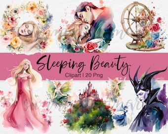 Sleeping Beauty Watercolor Clipart: Princess Aurora PNG Set (Commercial Use)