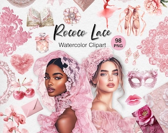 Vintage Pink Lace Clipart, Watercolor  Rococo Girls, Digital Download
