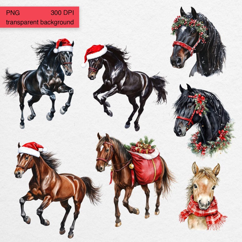 Horse Christmas Clipart: Watercolor 62 PNG and 22 Winter Scenes ...