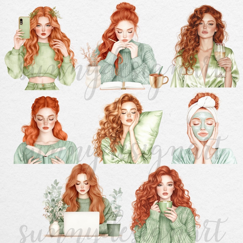 K&ouml;nnte beinhalten: Eine digitale Illustration einer Frau mit langen roten Haaren in neun verschiedenen Posen. Die Frau tr&auml;gt verschiedene Gr&uuml;nt&ouml;ne und ist mit Aktivit&auml;ten wie Lesen, Laptop-Benutzung, Kaffeetrinken und dem Auftragen einer Gesichtsmaske besch&auml;ftigt.