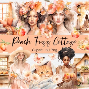 Może przedstawiać: Zestaw clipartów akwarelowych z ilustracjami brzoskwiń, kompozycjami kwiatowymi, domkiem, parą i kotem. Zestaw zawiera 60 plików PNG. Tekst "Peach Fuzz Cottage" jest napisany czcionką w kolorze brzoskwiniowym.