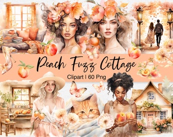 Watercolor Peach Fuzz Clipart: Cottagecore Fashion Girl PNG (Commercial Use)