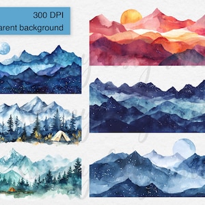 May include: Four watercolor paintings of mountain ranges with a starry sky, a moon, and a sun. The mountains are painted in shades of blue, purple, and pink. The sky is a deep blue with white stars. The moon is a bright white circle. The sun is a bright orange circle. The paintings are all in a horizontal format.