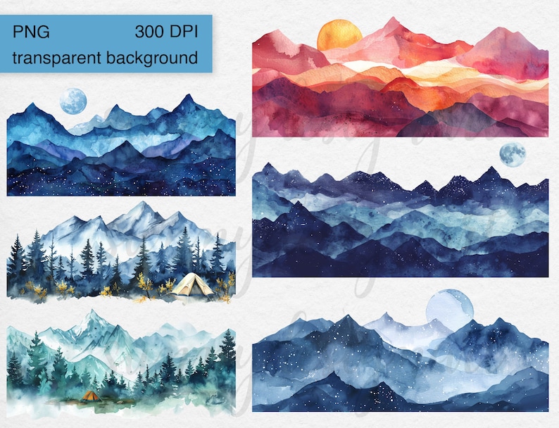 May include: Four watercolor paintings of mountain ranges with a starry sky, a moon, and a sun. The mountains are painted in shades of blue, purple, and pink. The sky is a deep blue with white stars. The moon is a bright white circle. The sun is a bright orange circle. The paintings are all in a horizontal format.