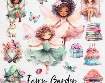 Aquarell Feengarten Clipart: Pink & Minze PNG (kommerzielle Nutzung)