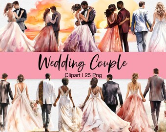 Clipart de novios en acuarela: Novia y novio PNG (Descarga digital)