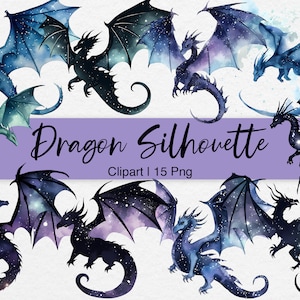 Dragon Silhouette Clipart, Watercolor Dragon, Fantasy Clip Art, Dragon PNG, Flying Dragon, Digital Download, Commercial Use