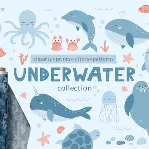 Imágenes prediseñadas de animales marinos, SVG para Canva, letras oceánicas, conjunto de papel digital submarino, imágenes prediseñadas de peces, descarga digital, uso comercial