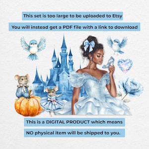 Black Cinderella watercolor illustration with blue castle, pumpkin, birds, and mice, digital download notice image for fairytale clipart set on Etsy.