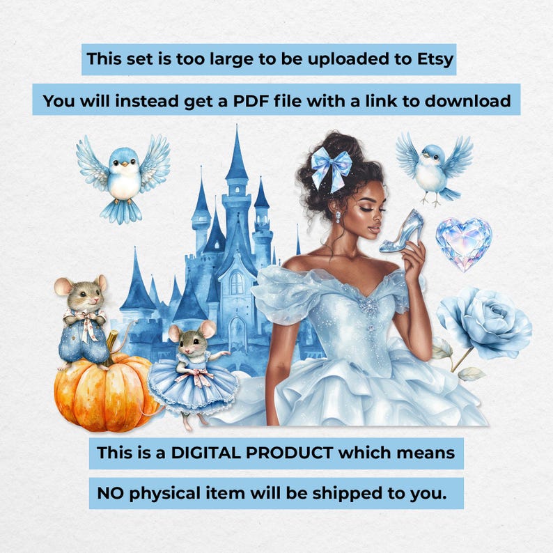 Black Cinderella watercolor illustration with blue castle, pumpkin, birds, and mice, digital download notice image for fairytale clipart set on Etsy.