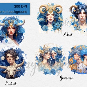 May include: A set of 6 digital illustrations of zodiac signs. Each illustration features a person with blue hair and a floral background. The signs are Aries, Taurus, Gemini, Cancer, Leo, and Virgo.