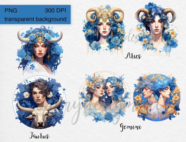 May include: A set of 6 digital illustrations of zodiac signs. Each illustration features a person with blue hair and a floral background. The signs are Aries, Taurus, Gemini, Cancer, Leo, and Virgo.