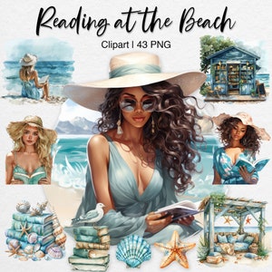 Clipart de lectura en la playa, clip art de vacaciones de verano en acuarela, ratón de biblioteca PNG, amante de los libros, pegatinas, clip art digital para uso comercial