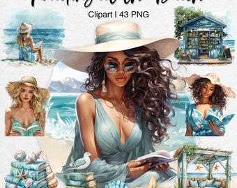 Beach Reading Clipart: Watercolor Summer Vacation PNG, Bookworm Book Lover Digital Stickers