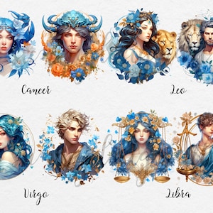 May include: Zodiac signs illustrated with people and flowers. Each sign is represented by a person with a flower crown and a symbol of the sign. The signs are Cancer, Leo, Virgo, and Libra.