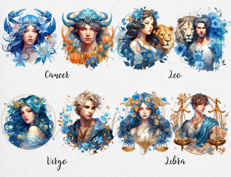 May include: Zodiac signs illustrated with people and flowers. Each sign is represented by a person with a flower crown and a symbol of the sign. The signs are Cancer, Leo, Virgo, and Libra.