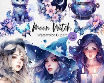 Mystic Moon Witch Clipart Bundle: 52 PNG Magical Witchcraft Cat & Owl Witchy Elements