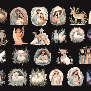Puede incluir: Una colecci&oacute;n de 20 iconos navide&ntilde;os ilustrados que presentan una variedad de temas religiosos y seculares. Los iconos incluyen im&aacute;genes de la Natividad, &aacute;ngeles, pastores, magos, palomas, ovejas, estrellas y un pesebre. Los iconos est&aacute;n todos en un estilo de acuarela y son perfectos para usar en manualidades navide&ntilde;as, tarjetas y decoraciones.
