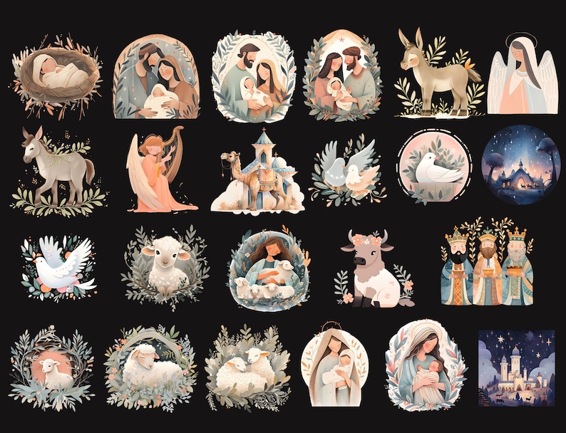 Puede incluir: Una colecci&oacute;n de 20 iconos navide&ntilde;os ilustrados que presentan una variedad de temas religiosos y seculares. Los iconos incluyen im&aacute;genes de la Natividad, &aacute;ngeles, pastores, magos, palomas, ovejas, estrellas y un pesebre. Los iconos est&aacute;n todos en un estilo de acuarela y son perfectos para usar en manualidades navide&ntilde;as, tarjetas y decoraciones.
