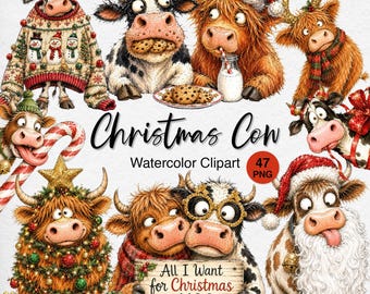 Christmas Cow Clipart Bundle, Funny Highland 47 PNG, Watercolor Farm Animals, Festive Sublimation Designs