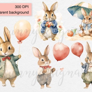May include: Five watercolor illustrations of cute brown rabbits with different accessories. One rabbit holds a heart, another holds a balloon, another holds an umbrella, and two others hold hearts.