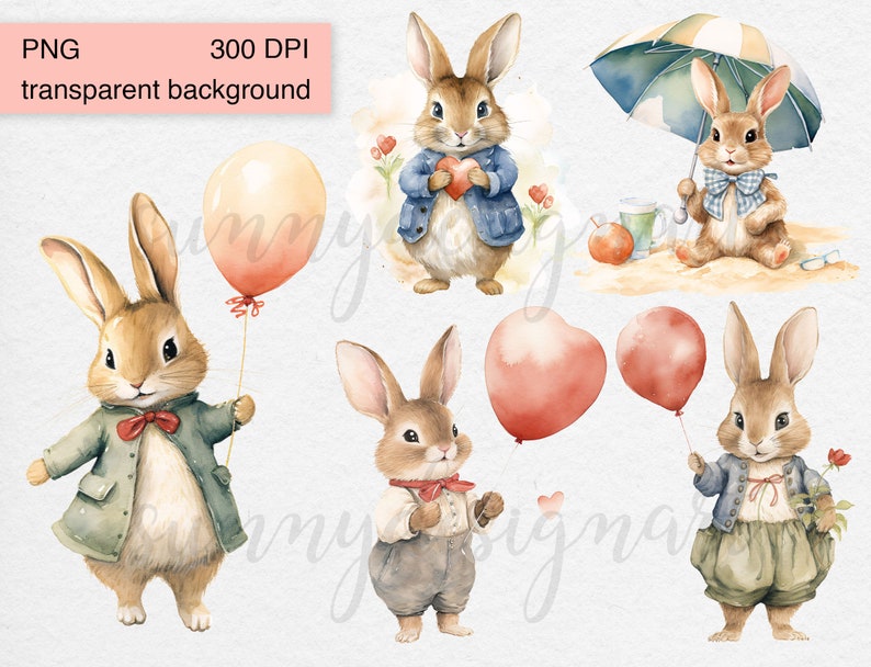 May include: Five watercolor illustrations of cute brown rabbits with different accessories. One rabbit holds a heart, another holds a balloon, another holds an umbrella, and two others hold hearts.