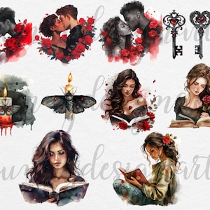 May include: A digital illustration set featuring romantic couples, a moth and candle, and women reading books. The illustrations are in a watercolor style with red roses and other floral elements.