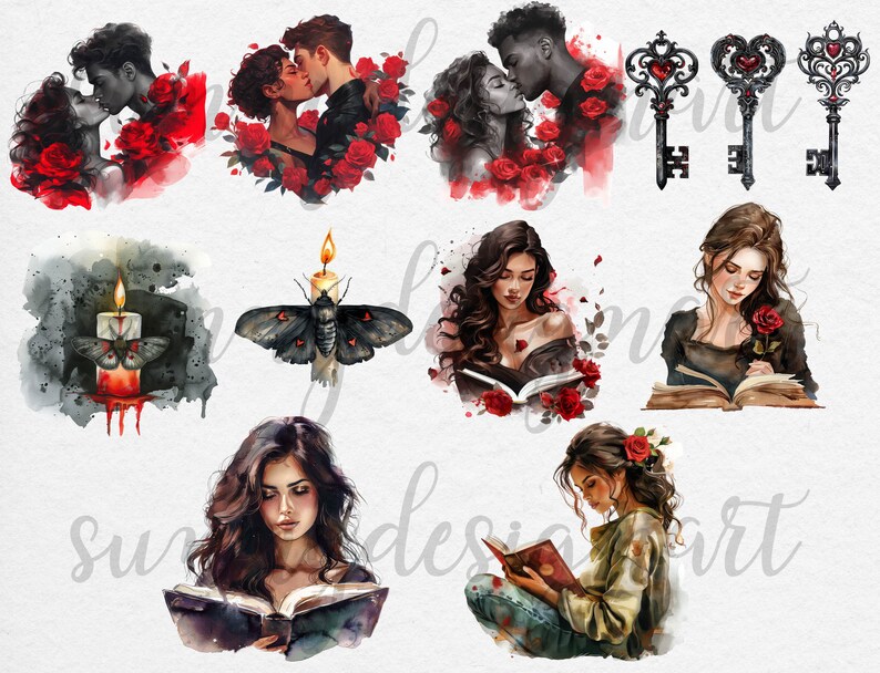 May include: A digital illustration set featuring romantic couples, a moth and candle, and women reading books. The illustrations are in a watercolor style with red roses and other floral elements.