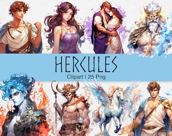 Greek Gods Watercolor Clipart: Hercules, Zeus, Pegasus (PNG Digital Download)