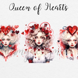 May include: Three watercolor illustrations of the Queen of Hearts from a deck of playing cards. Each illustration features a woman with blonde curly hair, a red heart crown, and a red and white dress. The background is a watercolor wash of red and white.