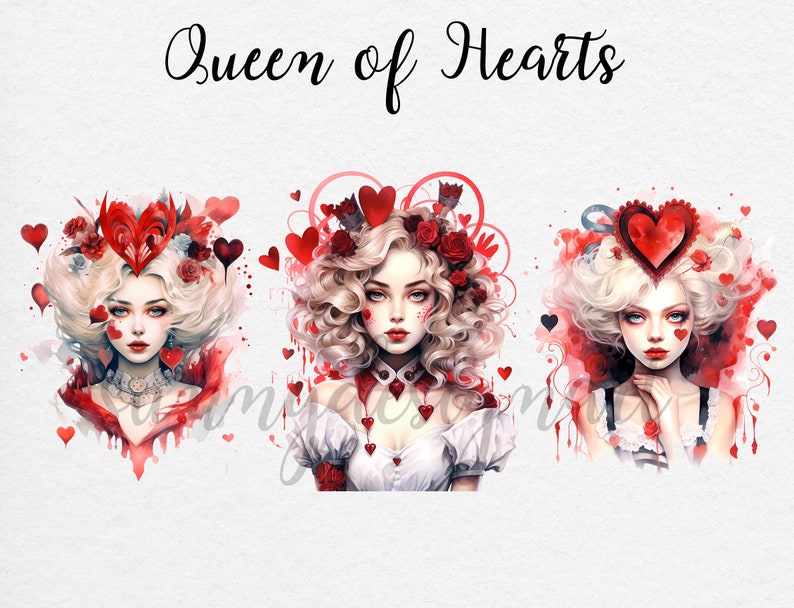 May include: Three watercolor illustrations of the Queen of Hearts from a deck of playing cards. Each illustration features a woman with blonde curly hair, a red heart crown, and a red and white dress. The background is a watercolor wash of red and white.