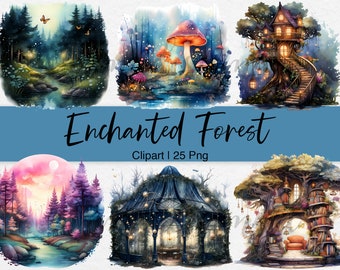 Enchanted Forest Clipart: Watercolor Mushroom & Fairy Tale PNGs (Commercial Use)